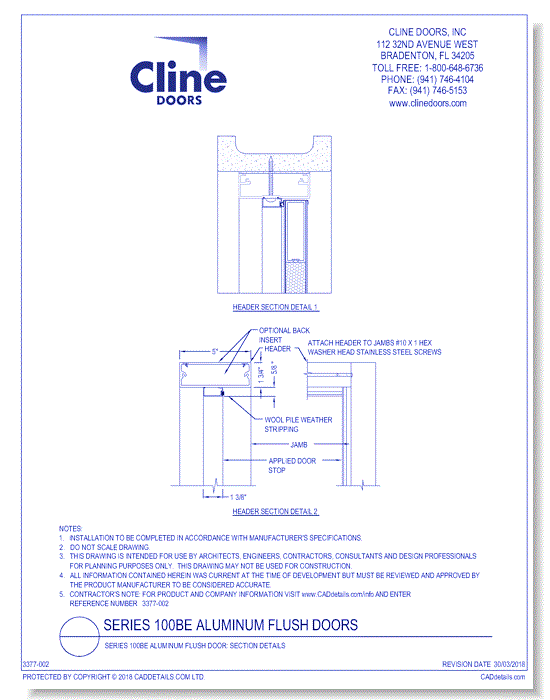 Series 100BE Aluminum Flush Door: Section Details