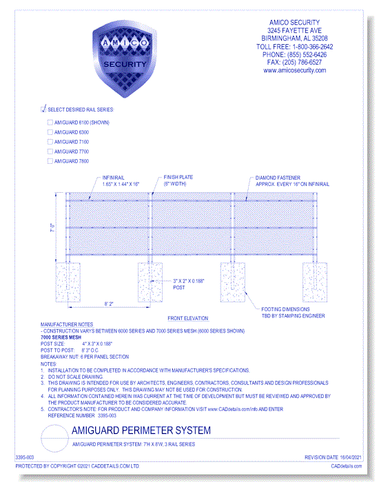 Amiguard Perimeter System: 7'H x 8'W, 3 Rail Series