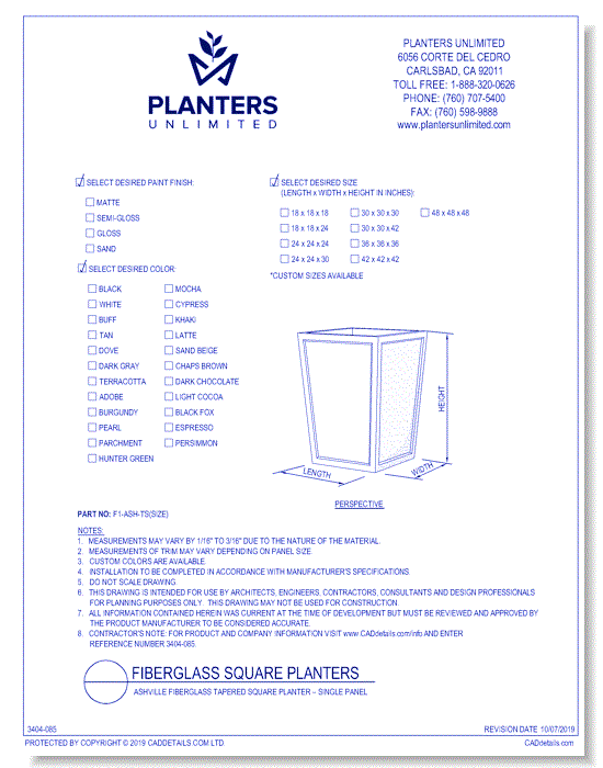 Ashville Fiberglass Tapered Square Planter – Single Panel