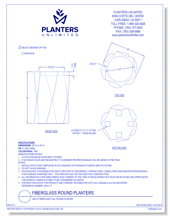 Helix Fiberglass Tall Round Planter