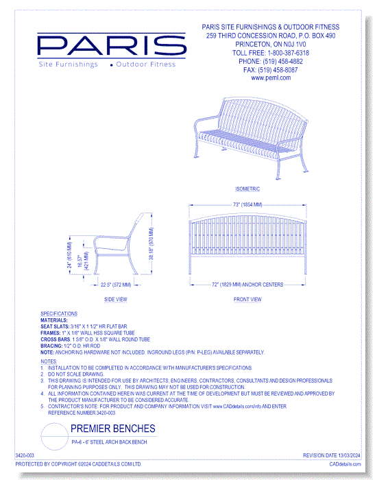 PA6 - 6' Steel Arch Back Bench