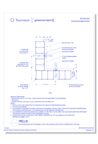 Adjustable Mounting Attachment (5132R): Wall Mounted Application, Corner Detail, Plan View