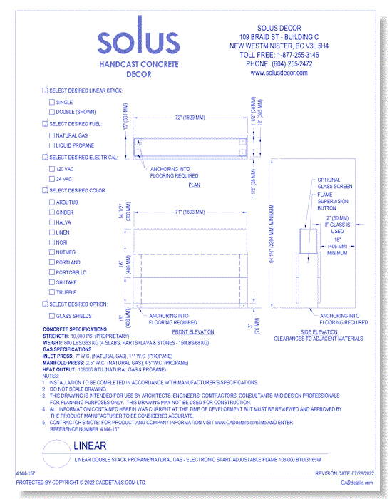 Linear Double Stack Propane/Natural Gas - Electronic Start/Adjustable Flame 108,000 BTU/31.65W