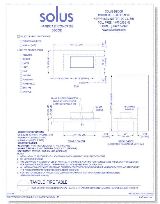 Tavolo Liquid Propane/Natural Gas - Match Lit (Flame Supervision Device/High Output Burner) 75'000 BTU