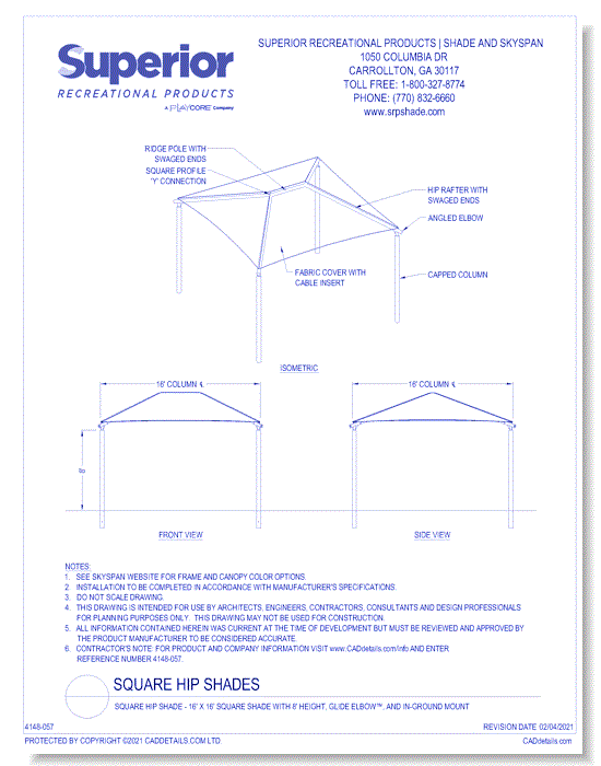 16' x 16' Square Shade with 8' Height, Glide Elbow™, and In-Ground Mount