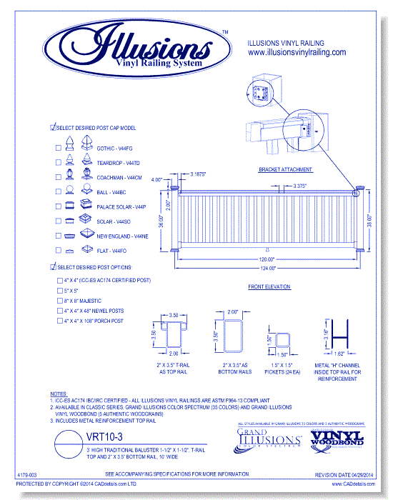 VRT10-3: 3’ High Traditional Baluster 1-1/2” X 1-1/2”, T-Rail Top And 2” X 3.5” Bottom Rail, 10’ Wide