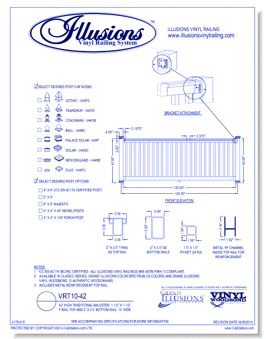 VRT10-42: 42” High Traditional Baluster. 1-1/2” X 1-1/2”, T-Rail Top And 2” X 3.5” Bottom Rail, 10’ Wide