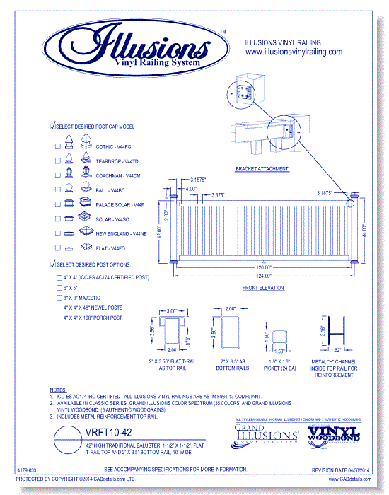 VRFT10-42: 42” High Traditional Baluster. 1-1/2” X 1-1/2”, Flat T-Rail Top And 2” X 3.5” Bottom Rail, 10’ Wide