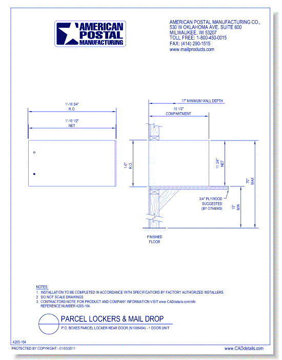 P.O. Boxes Parcel Locker Rear Door (N1006494) - 1 Door Unit