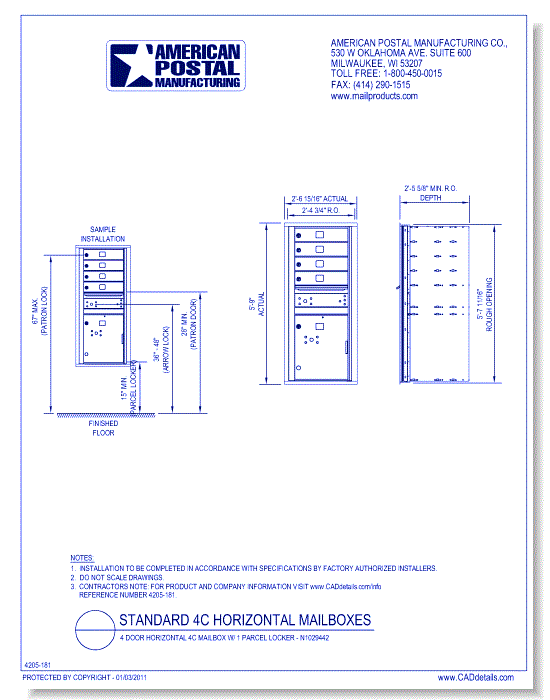4 Door Horizontal 4C Mailbox w/ 1 Parcel Locker – N1029442