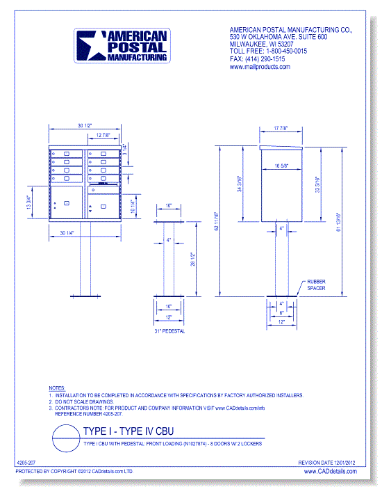 Type I CBU with Pedestal: Front Loading (N1029594) - 8 Doors w/ 2 Lockers