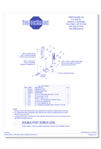 Model DHB-SL: TrafficGuard® Double Post Screw Lock, Assembly Details