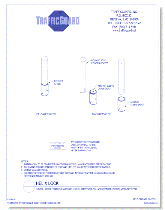 Model HL2002L: TrafficGuard® Helix Lock Removable Bollard (36" Post Height) Assembly Detail