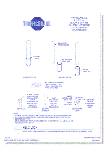 Model HL2003L: TrafficGuard® Helix Lock Removable Bollard (36" Post Height) Assembly Detail