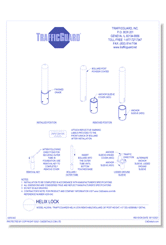 Model HL2004L: TrafficGuard® Helix Lock Removable Bollard (36" Post Height) Assembly Detail