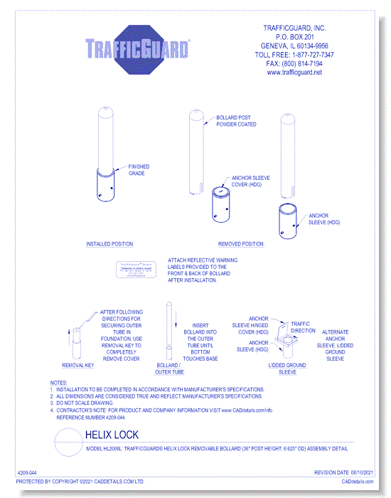 Model HL2006L: TrafficGuard® Helix Lock Removable Bollard (36" Post Height) Assembly Detail