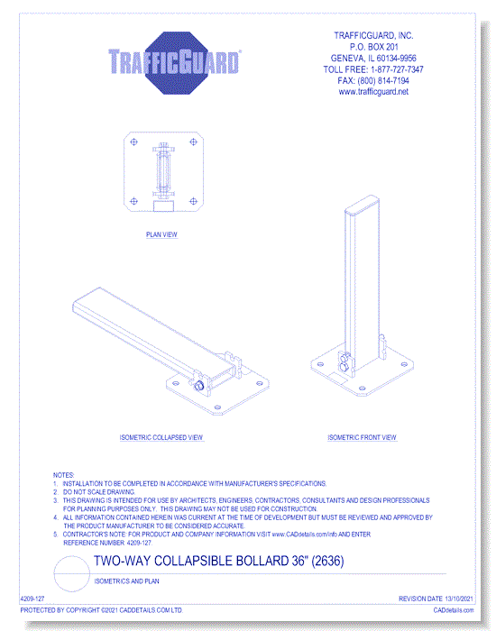 Two-Way Collapsible Bollard 36" (2636): Isometrics & Plan