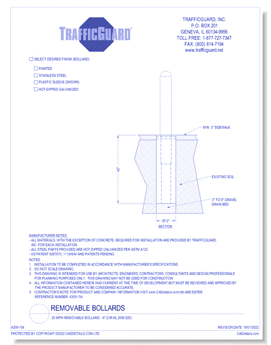20 MPH Removable Bollard: 6" (CIR HL 2006 S20)