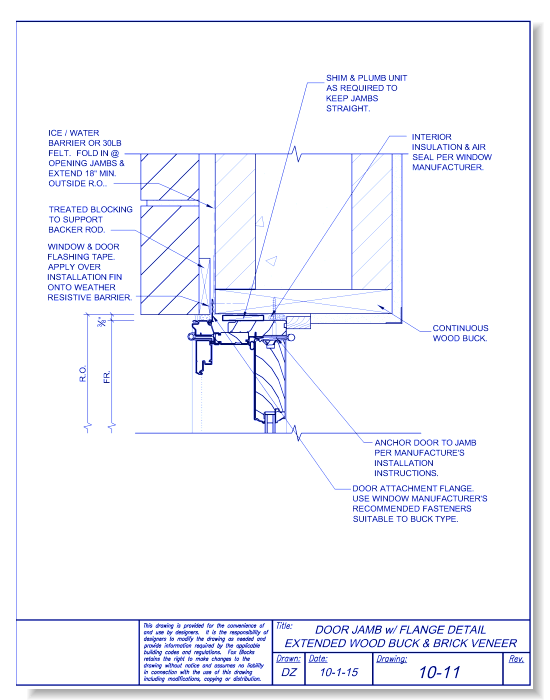 Door Jamb with Flange Extended Wood Buck and Brick Veneer - CADdetails