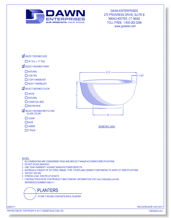 PC36R: 3' Round Concrete Bowl Planter