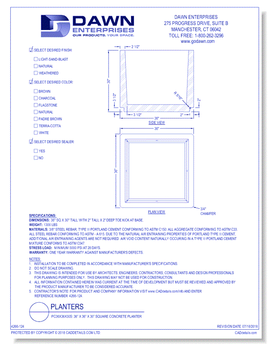 PC36x36x30S: 36” x 36” x 30” Square Concrete Planter