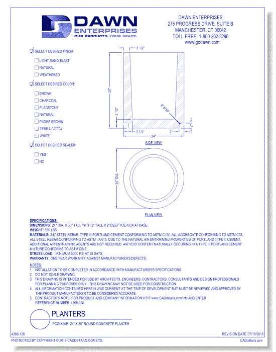 PC24x30R: 24” x 30” Round Concrete Planter