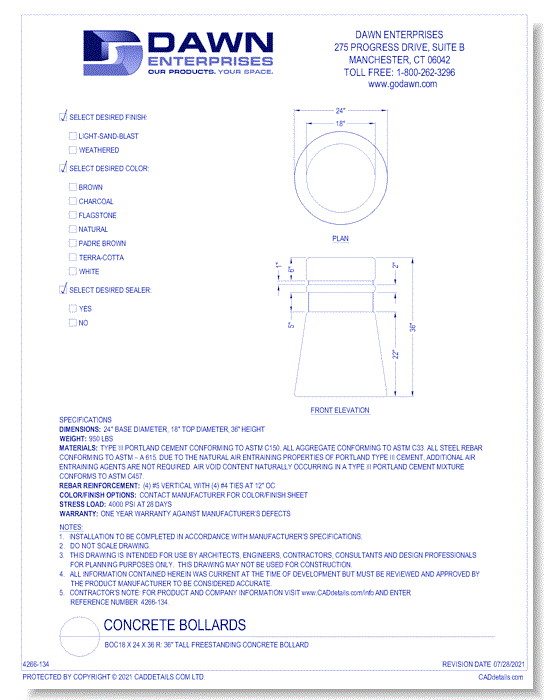 BOC18x24x36R: 36" Tall Freestanding Concrete Bollard