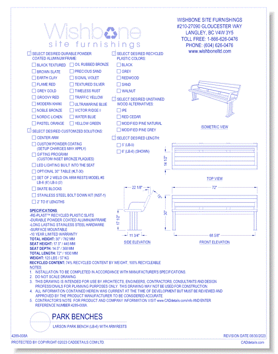 Larson Park Bench ( LB-6 ) with Armrest