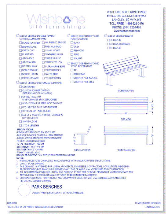 Larson Park Bench ( LBNA-5 ) without Armrests