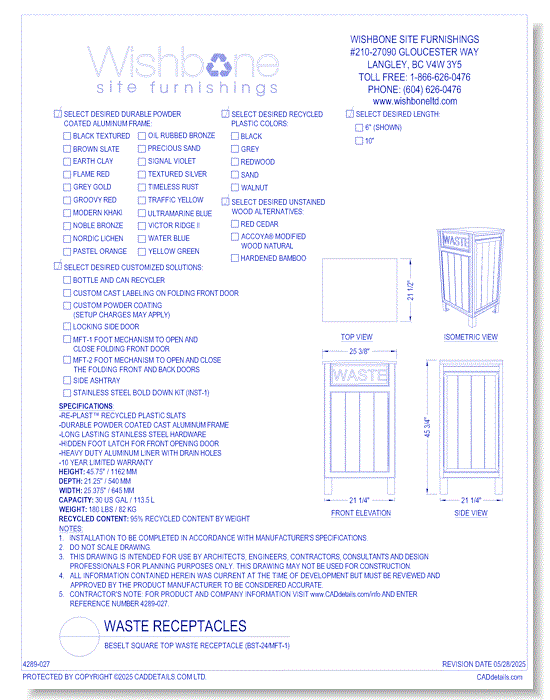 Beselt Square Top Waste Receptacle ( BST-24/MFT-1 )