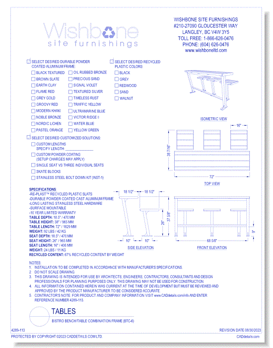 Bistro Bench / Table Combination Frame ( BTC-6 )