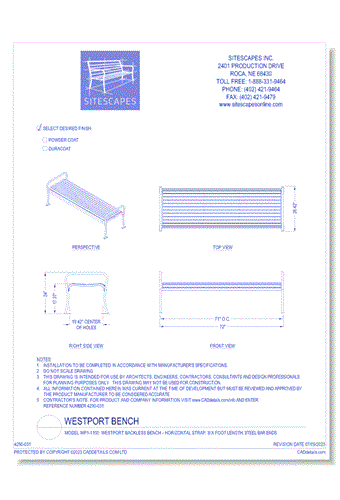 Model WP1-1100: WestPort Backless Bench - Horizontal Strap, Six Foot Length, Steel Bar Ends