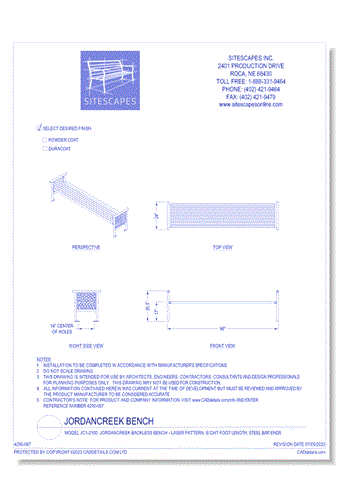 Model JC1-2100: JordanCreek Backless Bench - Laser Pattern, Eight Foot Length, Steel Bar Ends