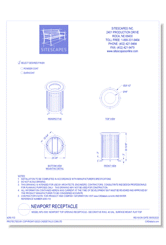 Model NP2-1000: NewPort Top Opening Receptacle - Decorative Ring, 40 Gal., Surface Mount, Flat Top