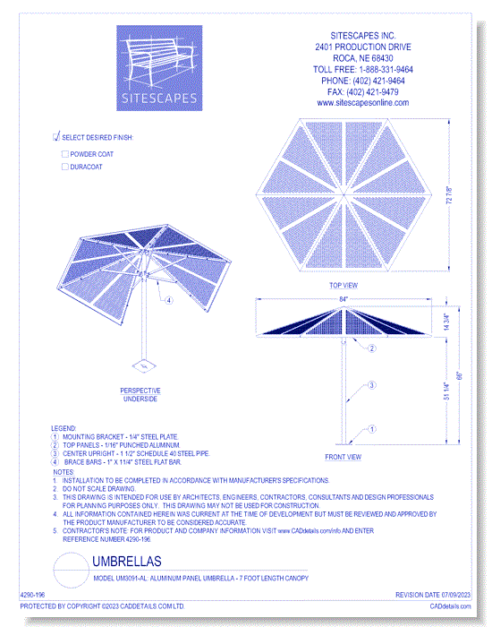 Model UM3091-AL: Aluminum Panel Umbrella - 7 Foot Length Canopy