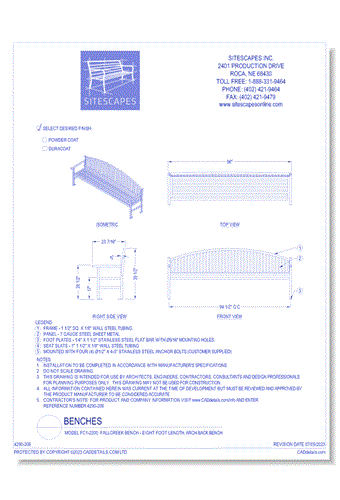 Model FC1-2200: FallCreek Bench - Eight Foot Length, Arch Back Bench