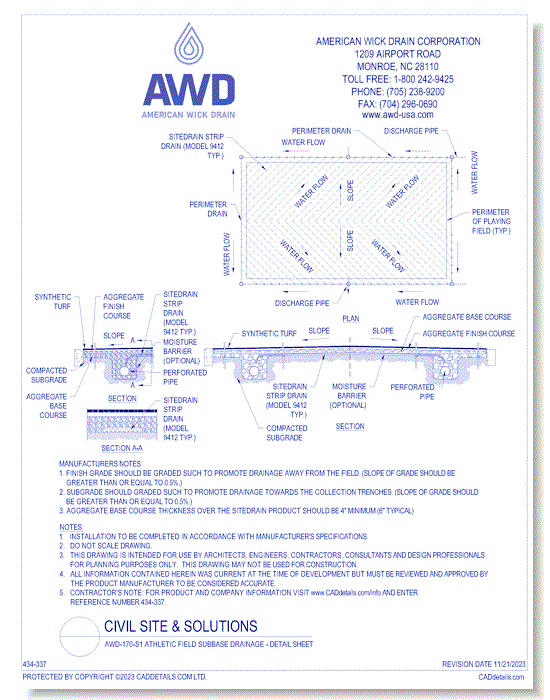 AWD-170-S1 Athletic Field Subbase Drainage - Detail Sheet