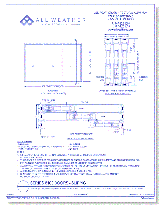 Series 8100 Doors: Thermally Broken Stacking Door - XXO - 3" UltraGlide Rollers, Standard Sill, No Screen