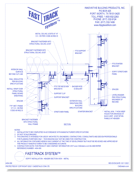 FastTrack System™: Soffit Installation - Header Section View -  Metal