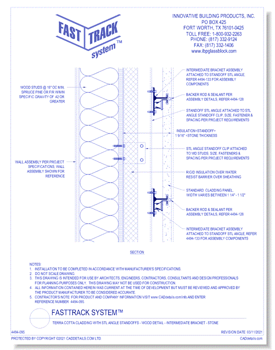 FastTrack System™:  Terra Cotta Cladding with STL Angle Standoffs - Wood Detail - Intermediate Bracket - Stone