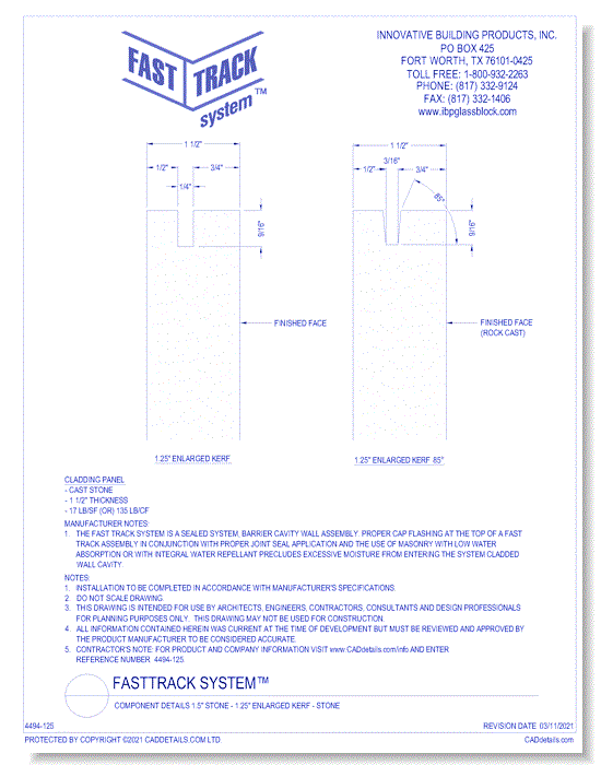 FastTrack System™:  Component Details 1.5" Stone - 1.25" Enlarged Kerf - Stone