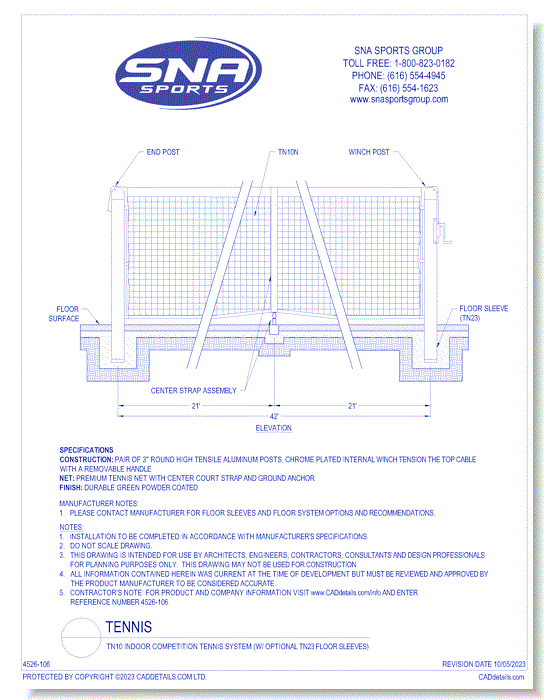 TH10 Indoor Competition Tennis System (w/ Optional TN23 Floor Sleeves)