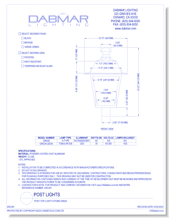 Post Top Light Fixture GM224