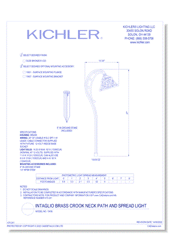 Model:  15436 - Intaglio Brass Crook Neck Path & Spread Light (Finish Available in OZ)