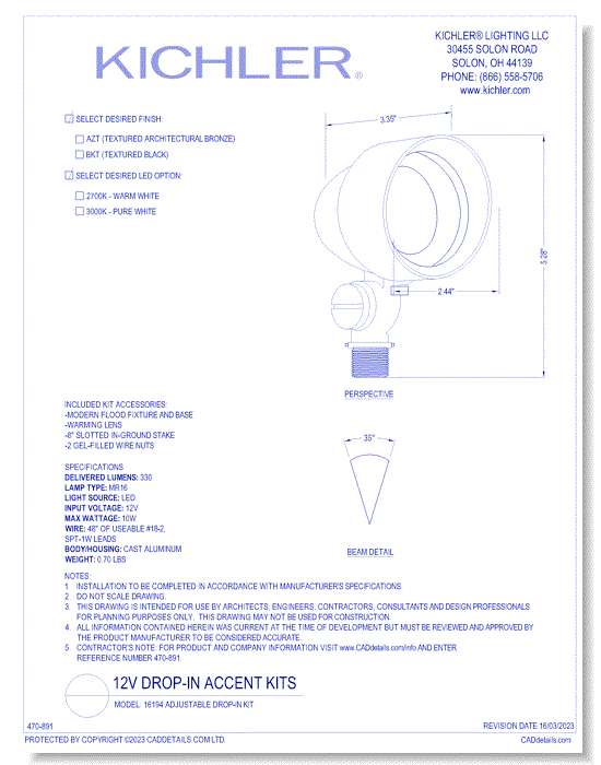 Model: 16194 - Available in BKT (Textured Black) and AZT (Architectural Bronze) Adjustable Drop-In Kit, MR16 bi-pin lamp. (New Item)