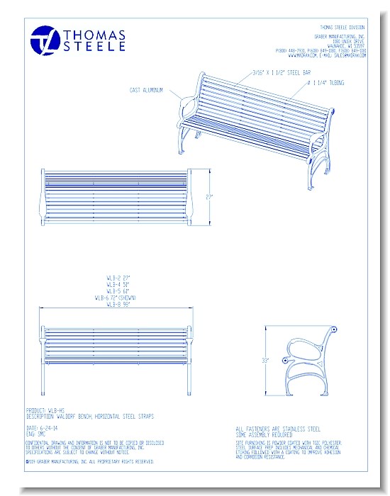 Waldorf™ Benches: Horizontal Steel Straps (2, 4, 5, 6, 8 Ft. Lengths)