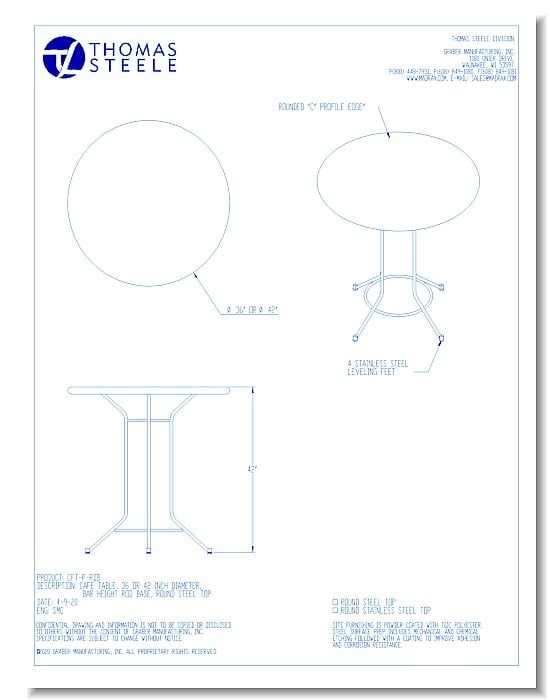 Café Table, 36 Or 42 Inch Diameter, Bar Height, Rod Base, Round Steel Top