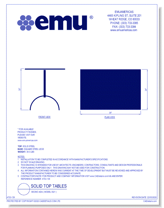 Solid Top Table: Segno ADA ( Model 3521 )