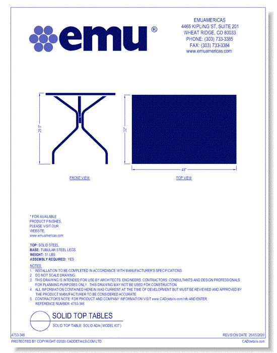 Solid Top Table: Solid ADA ( Model 837 )