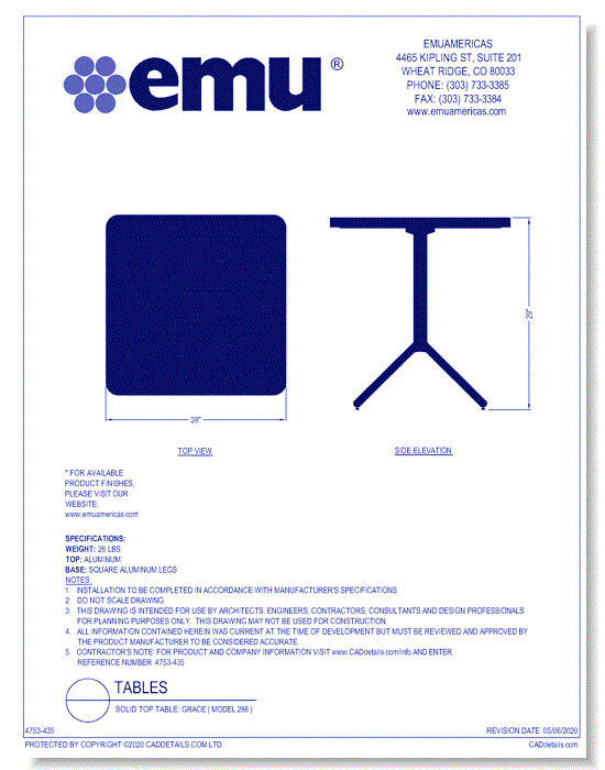 Solid Top Table: Grace ( Model 288 )